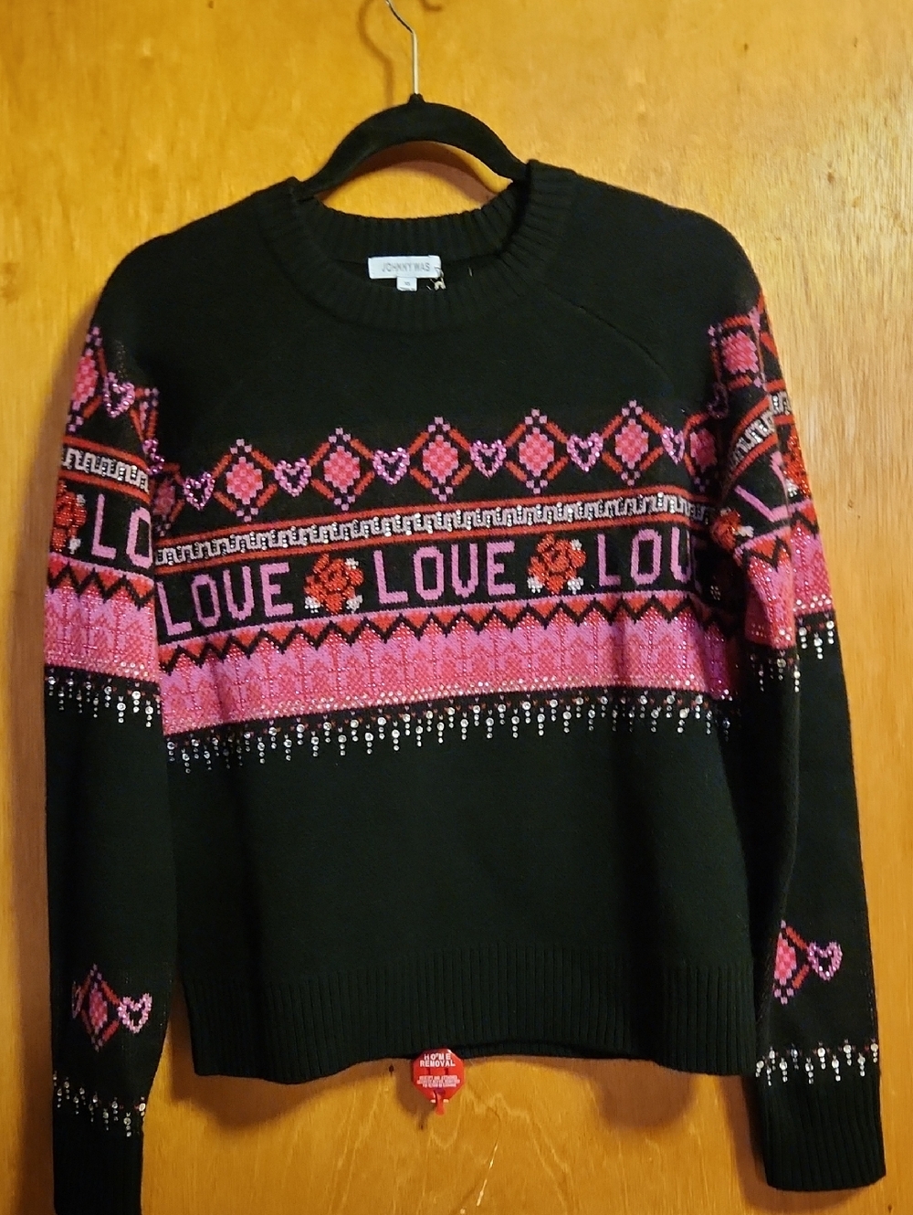 Johnny Was Black Sweater with Pink LOVE Fair Isle